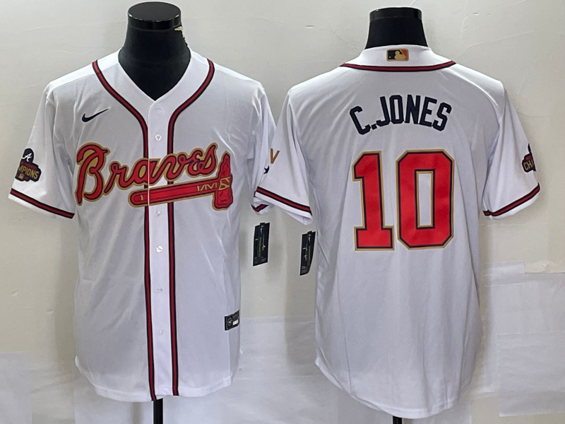 Men's Atlanta Braves #10 Chipper Jones 2022 White/Gold World Series Champions Program Cool Base Stitched Baseball Jersey Men's Atlanta Braves #10 Chipper Jones 2022 White/Gold World Series Champions Program Cool Base Stitched Baseball Jersey